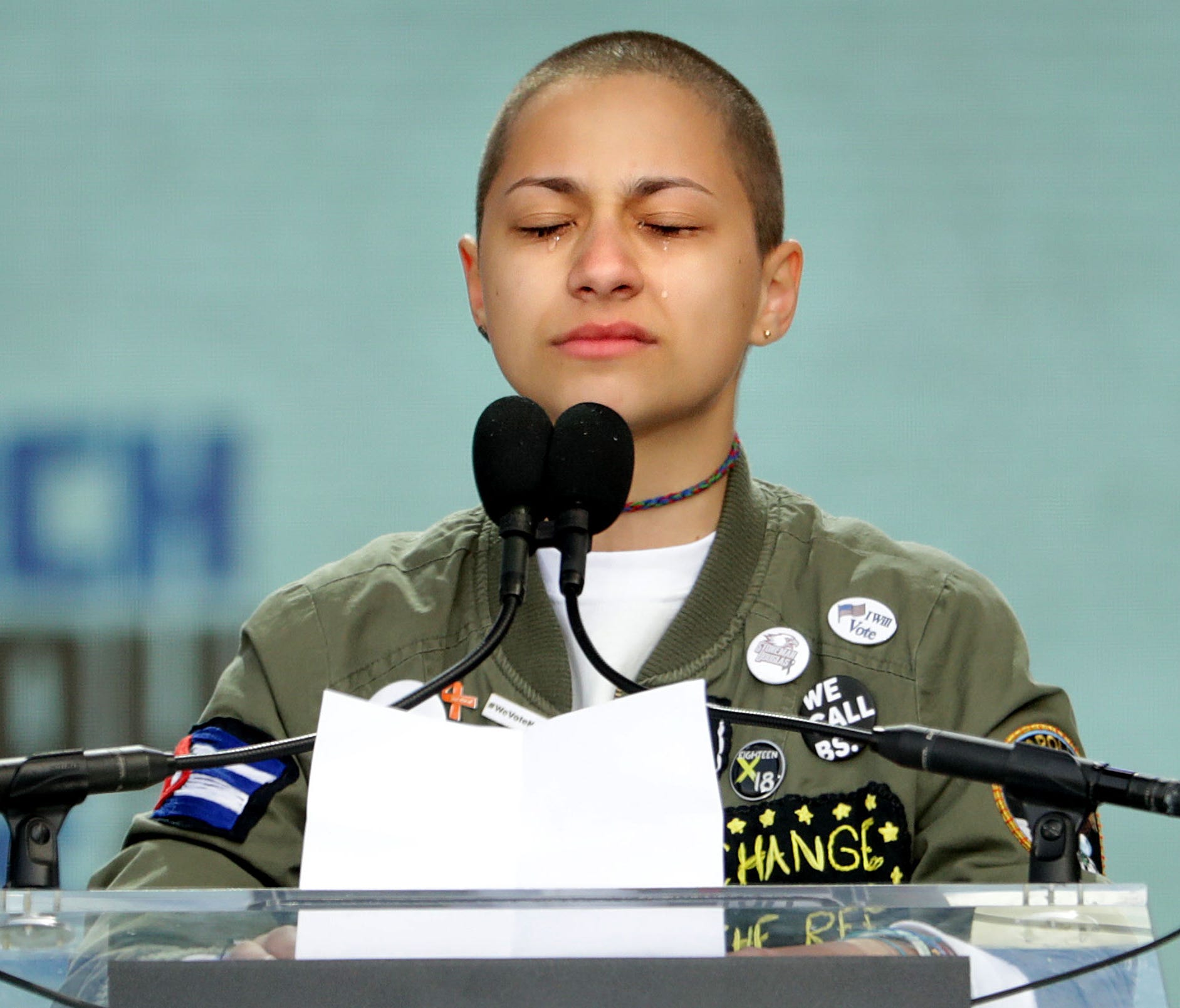 Tears roll down the face of Marjory Stoneman Douglas High School student Emma Gonzalez as she observes 6 minutes and 20 seconds of silence while addressing the March for Our Lives rally on March 24, 2018 in Washington, DC.