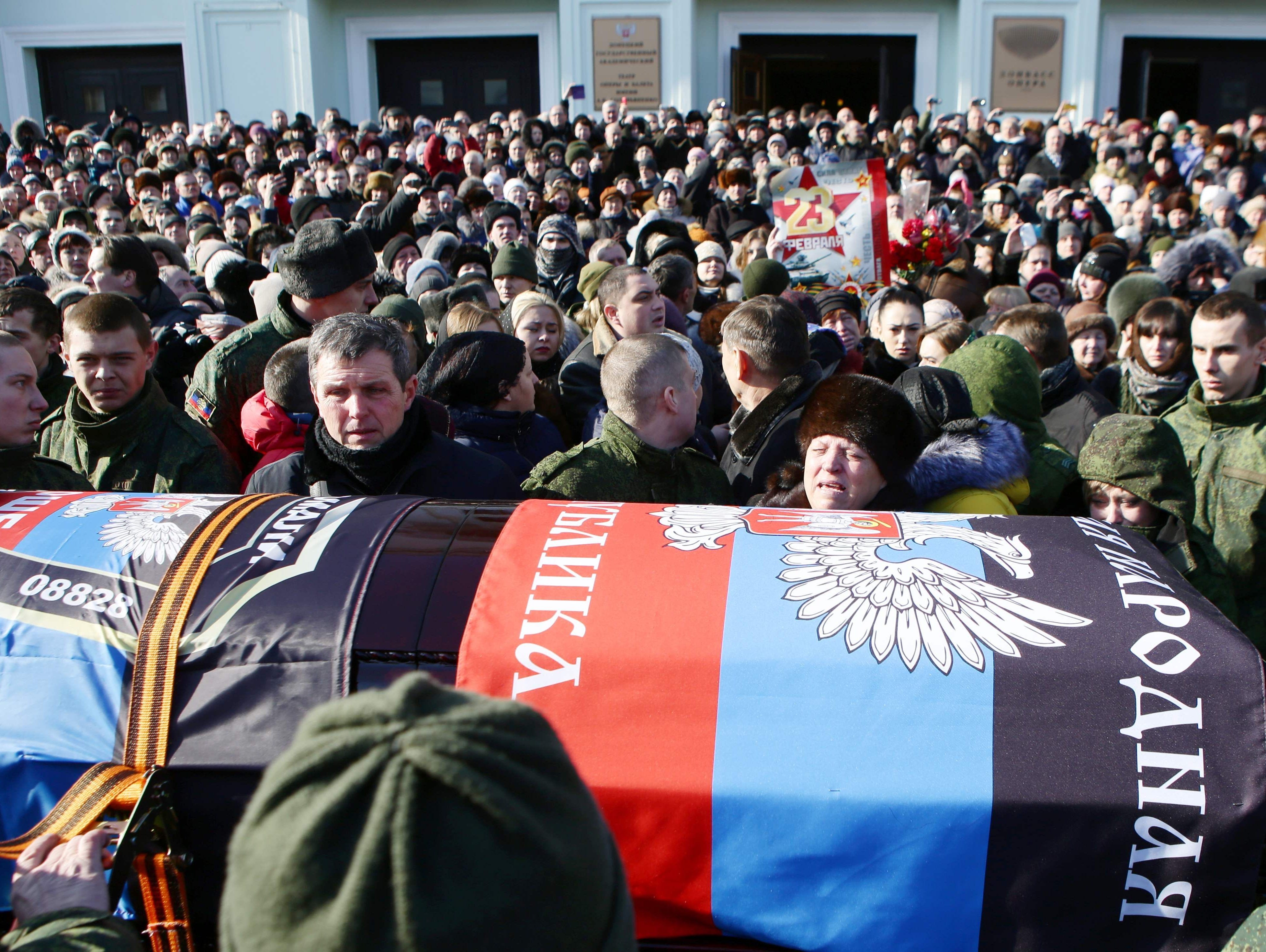 Thousands of Ukrainians say goodbye Feb. 10, 2017, to Mikhail Tolstykh, a commander of the self-declared Donetsk People's Republic who was slain in a rocket attack on his office.