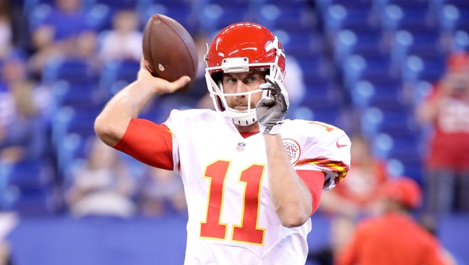 Alex Smith of the Kansas City Chiefs throws a pass before the game against the Indianapolis Colts at Lucas Oil Stadium on October 30, 2016 in Indianapolis, Indiana.