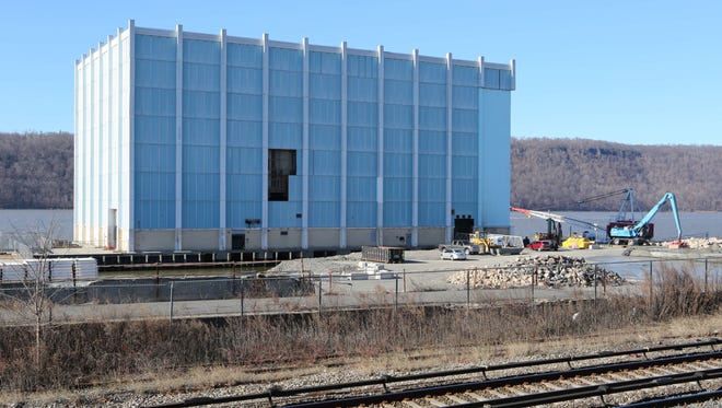 The exterior of 1 Point Street in Yonkers, along the Hudson River and the Metro-North railroad tracks.