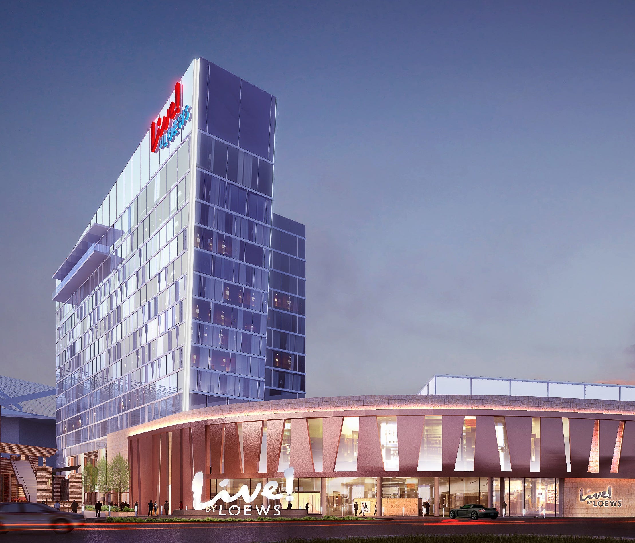 This is a rendering of the new Live! by Loews – Arlington, Tex., set to open in 2019.