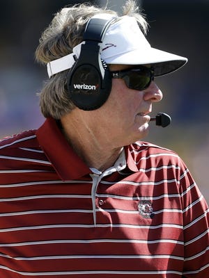 South Carolina coach Steve Spurrier watches his football team play against LSU in Baton Rouge, La., on Saturday.
South Carolina head coach Steve Spurrier reacts during the first half of an NCAA college football game against LSU in Baton Rouge, La., Oct. 10, 2015.