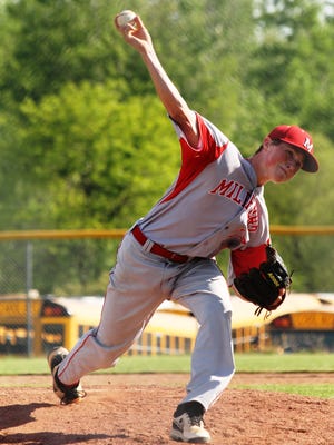 Milford High School pitcher Justin Arnold, shown in a May 22 game with Anderson last year, threw a perfect game against another Forest Hills team, Turpin..
