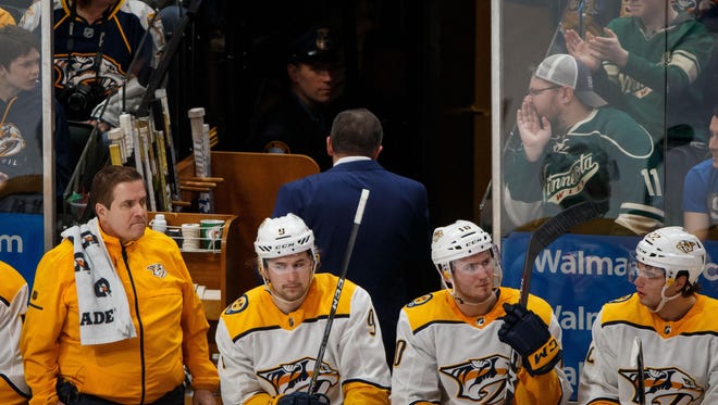 Mar 24, 2018; Saint Paul, MN, USA; Nashville Predators head coach Peter Laviolette gets a game misconduct penalty in the third period against Minnesota Wild at Xcel Energy Center. Mandatory Credit: Brad Rempel-USA TODAY Sports