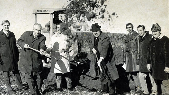 This photo appeared in the Poughkeepsie Journal in December 1970. It shows groundbreaking ceremonies for the College Hill winter sports complex. From left are Philip Berrian of the city Planning Department; William G. Beal, superintendent of recreation; 6th Ward Councilman Pasquale Letterii and City Manager James Mulcare. Looking on are architect Albert Mauri, electrical contractor James Clifford and general contractor Bill Decker.