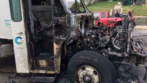 The engine of a city garbage truck caught fire and burned out this week. No one was injured.