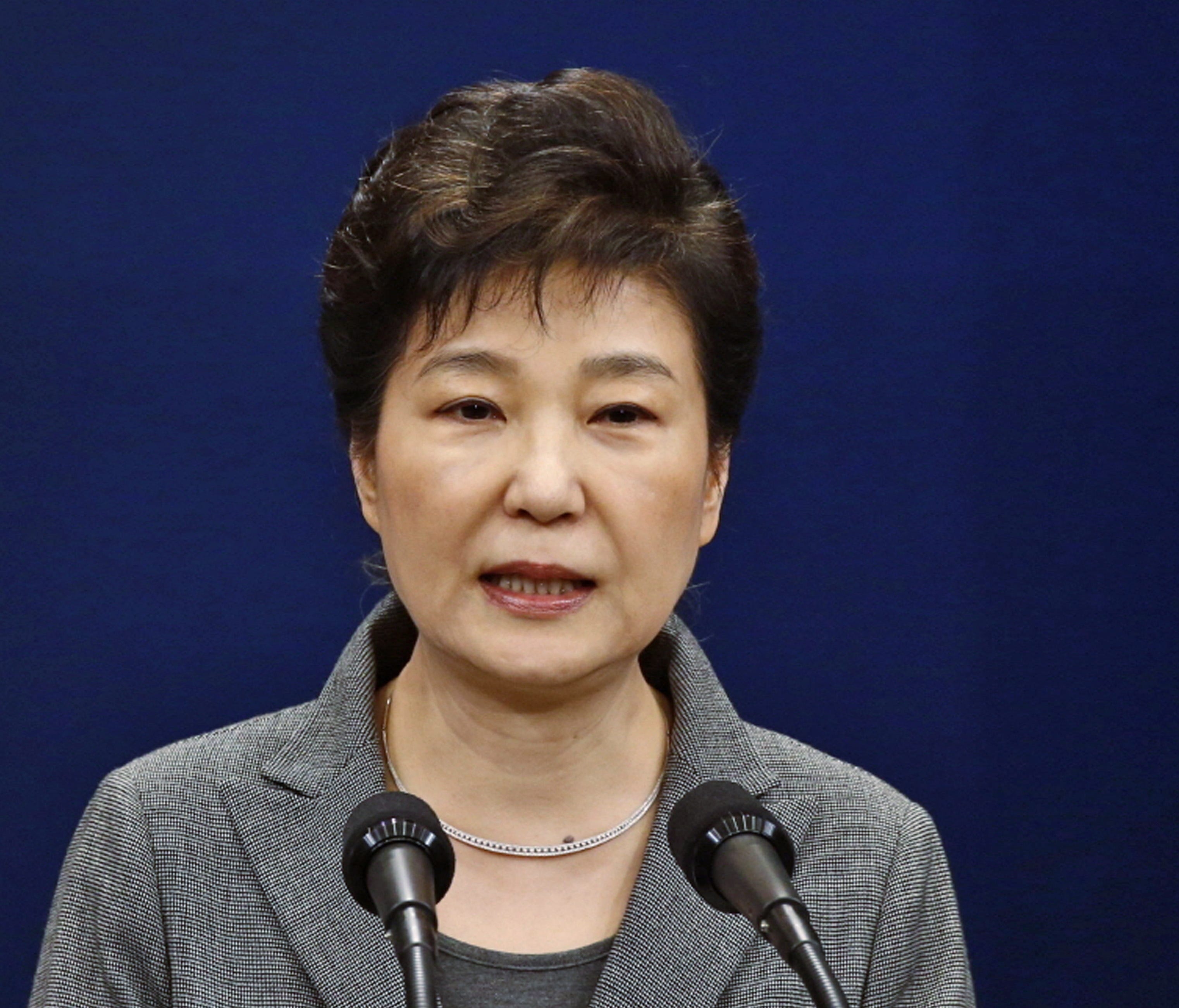 Park Geun-hye is pictured making a live televised address in Seoul, South Korea. South Korea's Constitutional Court ruled to formally end her presidency.