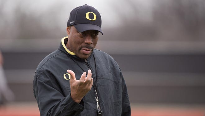 Jan 10, 2015; Euless, TX, USA; Oregon Ducks defensive coordinator Don Pellum watches his team practice at the Euless Trinity High School football field. Mandatory Credit: Jerome Miron-USA TODAY Sports