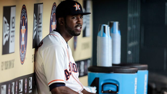 Astros center fielder Dexter Fowler in the dugout before a game Aug. 25.