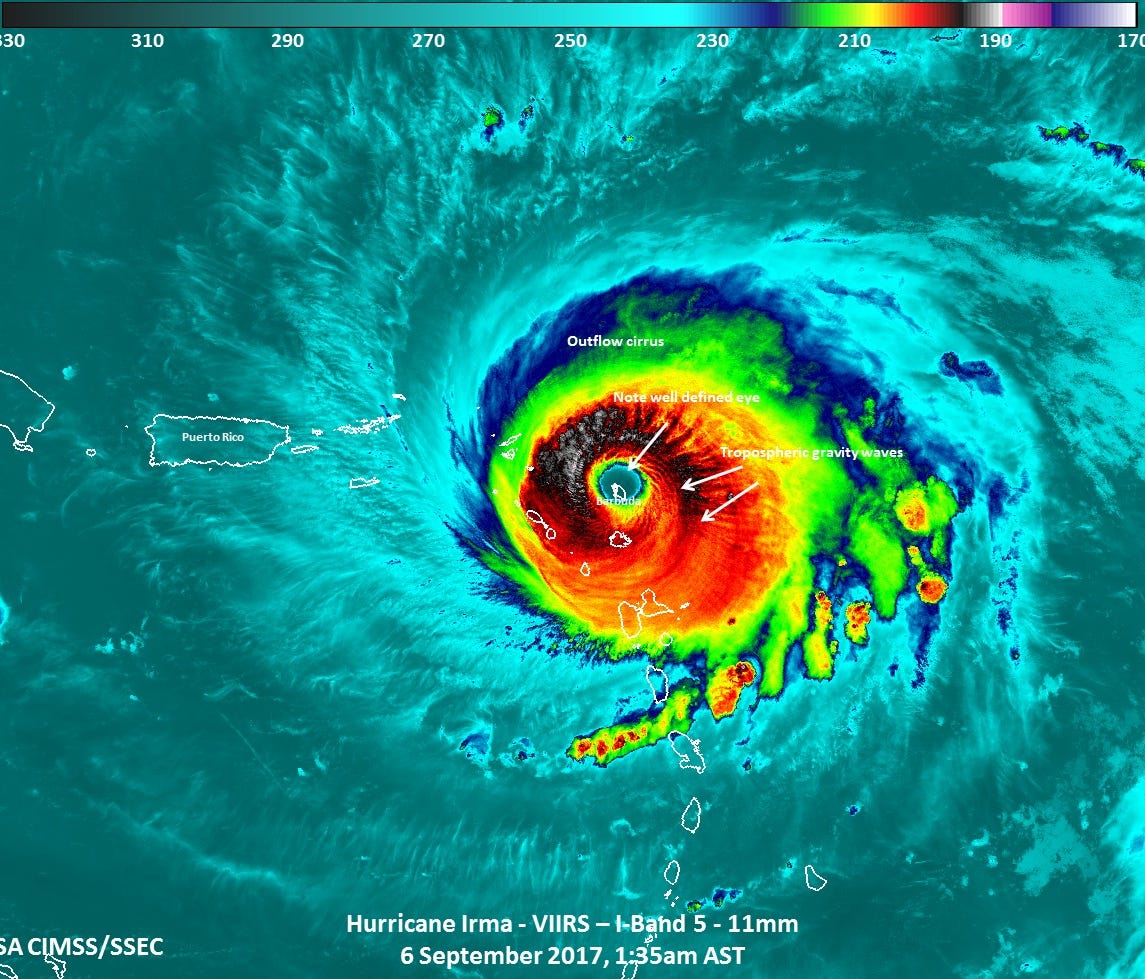 A NASA satellite passed over Hurricane Irma when the island of Barbuda was in the center of the storm's eye in this Infrared image from Sept. 6, 2017.