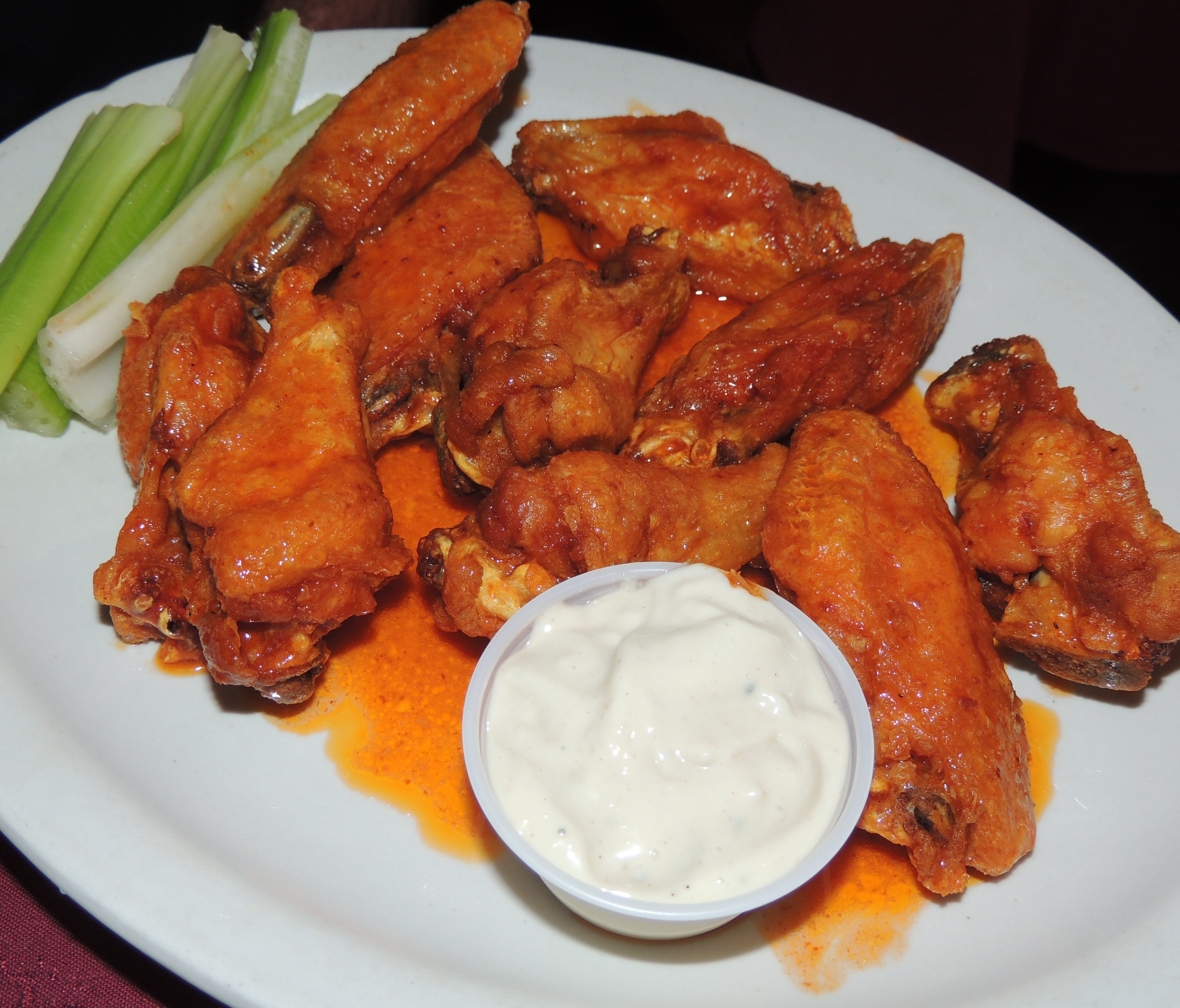 The original Buffalo hot wing is served at Anchor Bar, where the dish was invented in 1964. These are medium, the most popular flavor in the city.