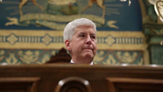 Governor Rick Snyder addresses the Flint water crisis during his State of the State speech on Tuesday January 19, 2016 at the state Capitol Building in Lansing.