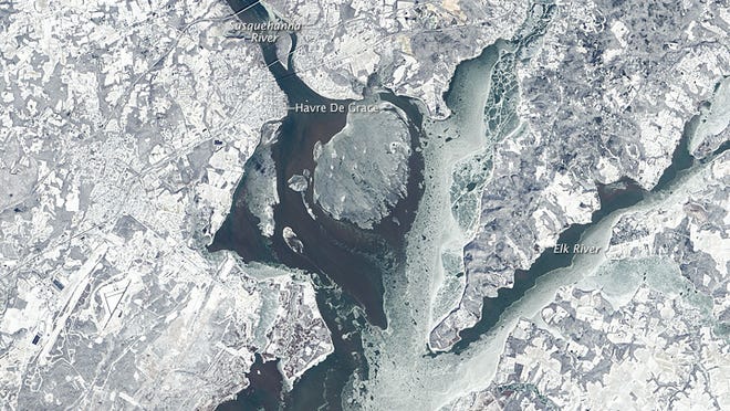This image from Feb. 15 comes from the Landsat 8 OLI and shows the Chesapeake Bay.