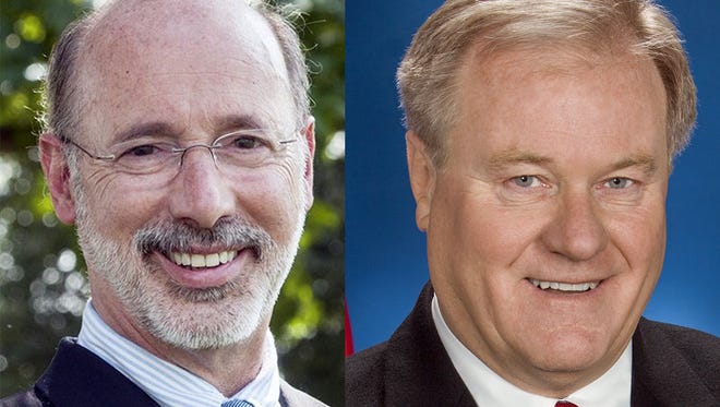 Republican State Sen. Scott Wagner, right, who said Thursday he intends to run for governor, has the potential to face off against Democratic Gov. Tom Wolf, left, in 2018.