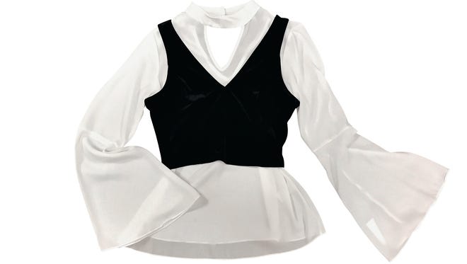 Soprano velvet bralette, $24; ing Collection blouse, $39; Dillard’s, Cordova Mall.