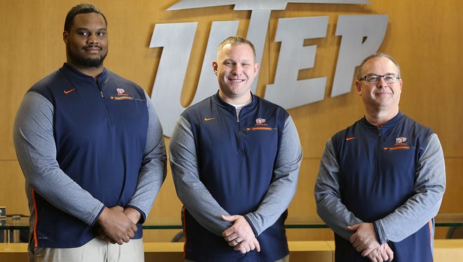 UTEP introduced four of the latest addiions to the football coaching staff Friday. Josh Oglesby, left, offensive quality control, Matt Rahl, recruiting coordinator, Joe Robinson, special teams coordinator and director of strength and conditioning Kevin Schadt (not pictured).