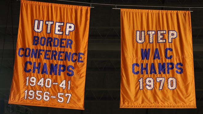 A banner for the Border Conference championship hangs in the Don Haskins Center.
