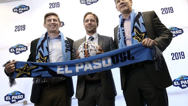 El Paso’s USL team introduced the head coach during a news conference in July at Southwest University Park. Mark Lowry, center, from Birmingham, England, comes to El Paso from the Jacksonville Armada FC, where he was the team’s head coach. He is joined by El Paso USL President Alan Ledford, right, and Andrew Forrest, general manager of business operations.