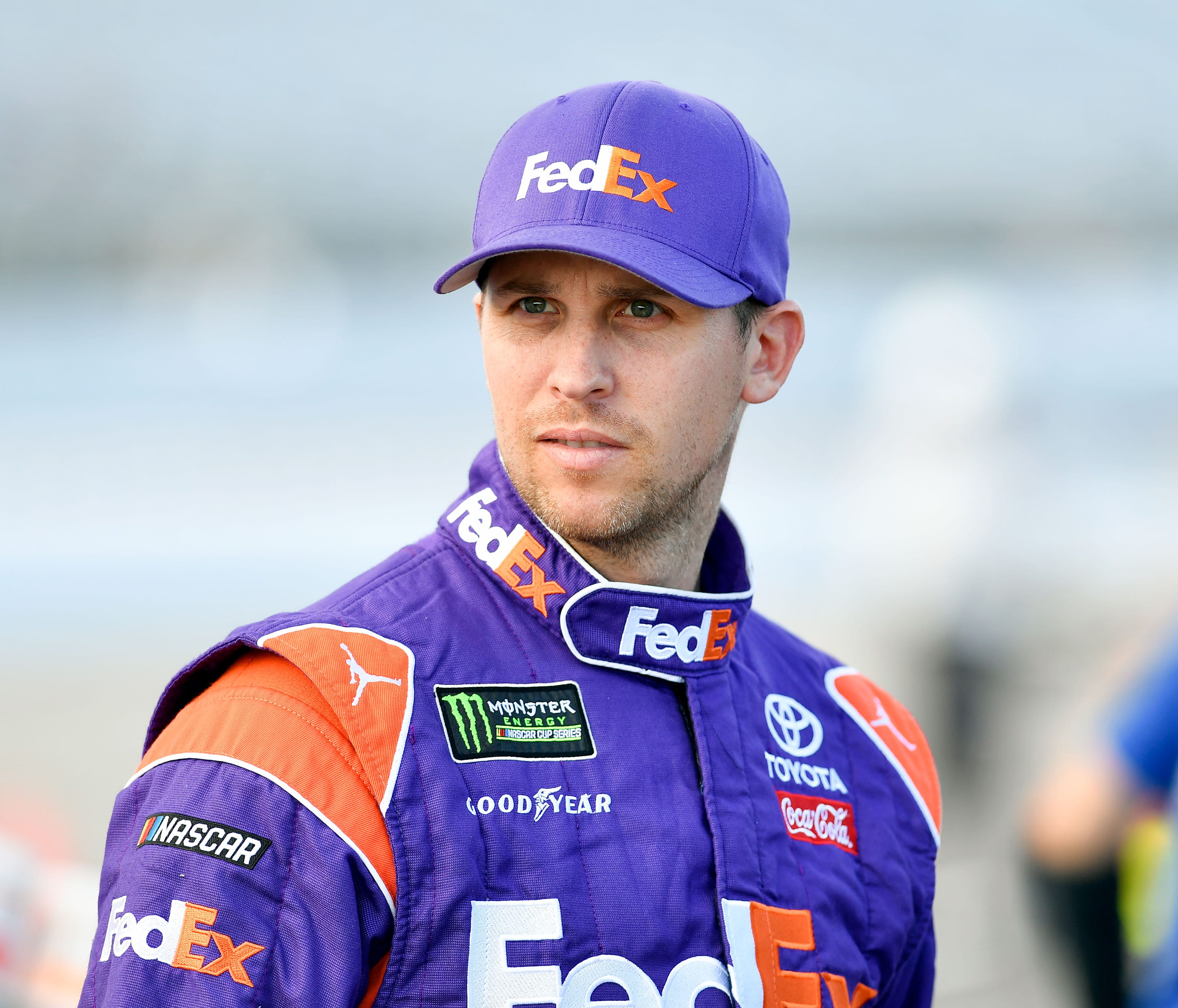 Sep 22, 2017; Loudon, NH, USA; Monster Energy NASCAR Cup Series driver Denny Hamlin (11) stands on pit row during qualifying for the ISM Connect 300 at the New Hampshire Motor Speedway. Mandatory Credit: Brian Fluharty-USA TODAY Sports ORG XMIT: USAT