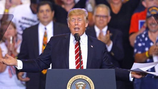 President Donald Trump speaks during a rally on Aug. 22, 2017, in Phoenix.