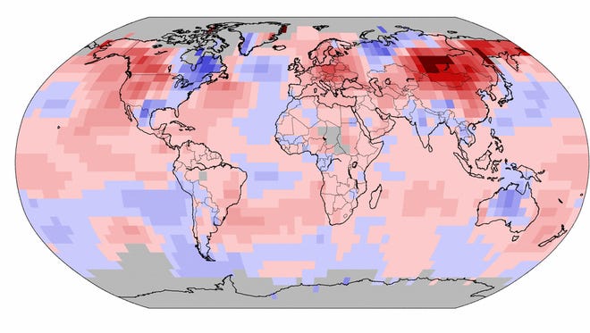 Global temperatures for January 2015: Areas in red and pink are warmer-than-average, while areas in blue are cooler-than-average.