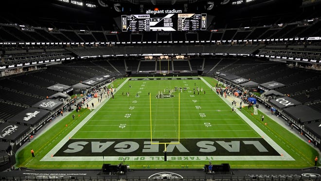 A Sept. 21, 2020, photo shows the Las Vegas Raiders play against the New Orleans Saints during an NFL football game in Las Vegas. The Raiders were the first team to play inside the $2 billion dollar Allegiant Stadium. The field is natural turf, but it's not grown the way you might think.