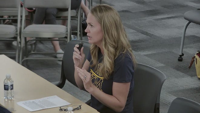 Kristina Vourax speaks to the Kettle Moraine School Board in 2018. Vourax is among those trying to start a charter school, Lake Country Classical Academy. The school is trying to work with the University of Wisconsin-Milwaukee to gain authorization for the school. It was also recently accepted into Hillsdale College's Barney Charter School Initiative.