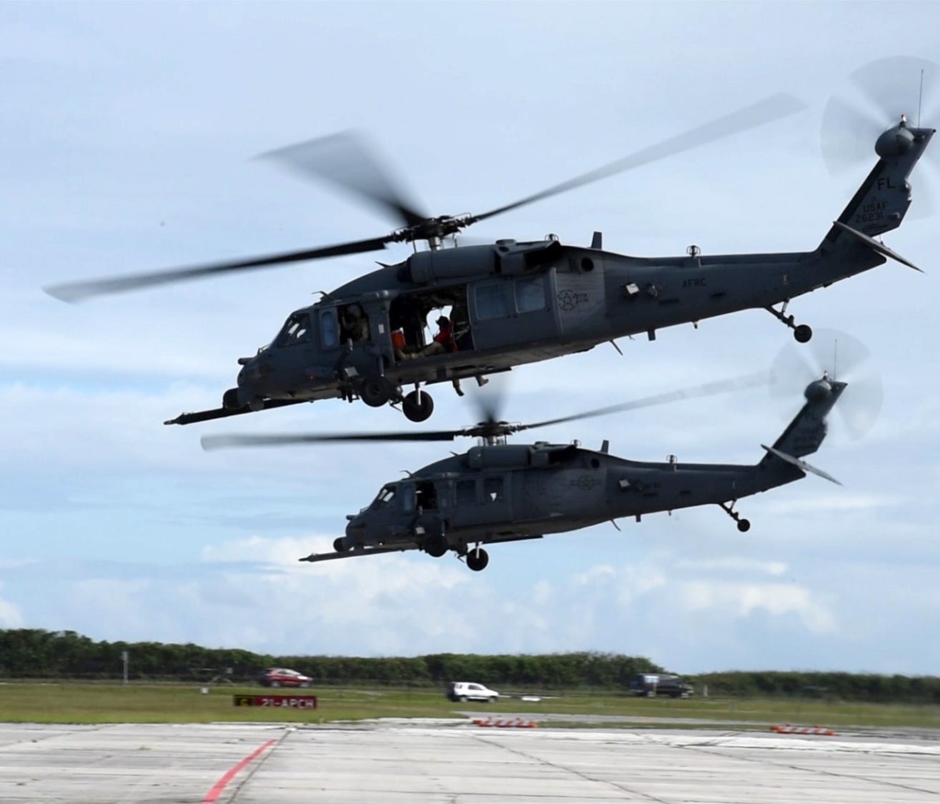 Two Air Force Reserve HH-60 Pave Hawk helicopter crews with the 920th Rescue  Wing depart from Patrick Air Force Base, Florida, for the long-range rescue  of a cruise ship passenger who required medical evacuation approximately 500  nautical miles off t