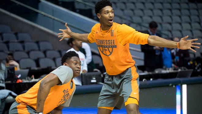 Tennessee forward Admiral Schofield (5) and Tennessee forward Kyle Alexander (11) playfully taunt their teammates during practice at American Airlines Arena on Wednesday, March 14, 2018, ahead of the NCAA Tournament first round game between Tennessee and Wright State.