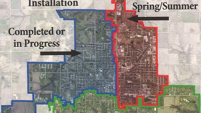 This map shows the progress of the instillation of the fiber-to-home conduit and vault instillation for the fiber network being built by Indianola Municipal Utilities.