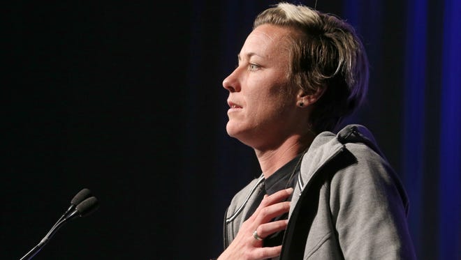 Abby Wambach talks to the crowd, and tells them she carries Rochester with her everywhere, at the Abby Wambach Fan Celebration on Dec. 17, 2015, at the Joseph A. Floreano Riverside Convention Center.