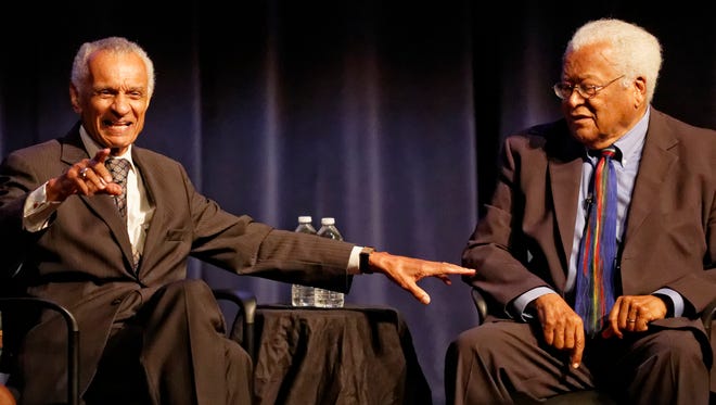 Civil rights legends the Rev. C.T. Vivian, left, and the Rev. James Lawson captivated a packed Tucker Theatre at Middle Tennessee State University during a Thursday program titled “No Voice, No Choice: The Voting Rights Act at 50.”