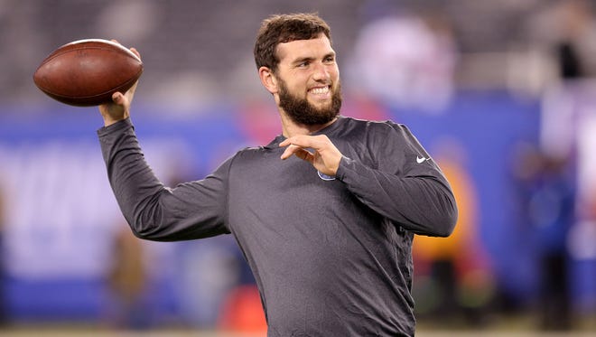 Indianapolis Colts play the New York Giants Monday, November 3, 2014, evening at MetLife Stadium in East Rutherford NJ. Indianapolis Colts Andrew Luck warms up for their game.