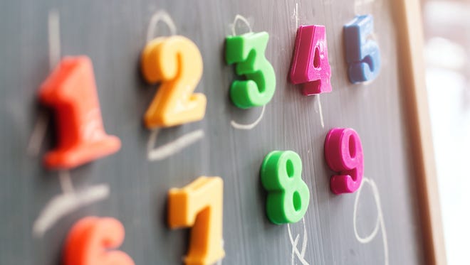 Multiple colorful magnets with numbers on a blackboard.