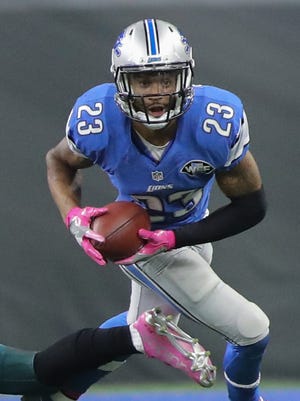 Lions cornerback Darius Slay makes the game-saving interception over the Philadelphia Eagles' Nelson Agholor late in the fourth quarter Sunday, Oct. 9, 2016 at Ford Field in Detroit.