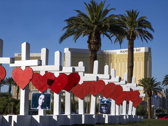 Artist Greg Zanis of Aurora, Ill., constructed 58 crosses to install them Oct. 5, 2017, on Las Vegas Blvd to honor the people killed in a mass shooting in Las Vegas.