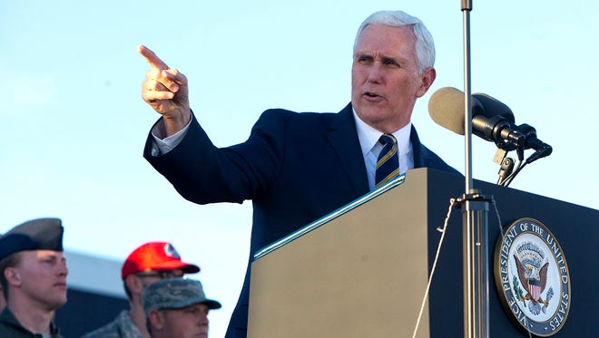 Vice President Mike Pence speaks during a visit to Nellis Air Force Base near Las Vegas on Thursday, Jan. 11, 2018. Pence was at Metropolitan Baptist Church in Largo, Md., on Sunday, Jan. 14, 2018, when the pastor denounced crude remarks attributed to President Trump.