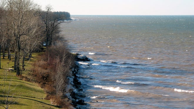 The view of Lake Ontario looking westward from the outdoor observation deck just outside the lantern room at the top of the historic Thirty Mile Point Lighthouse on Lake Ontario in Somerset, N.Y. in December 2003.