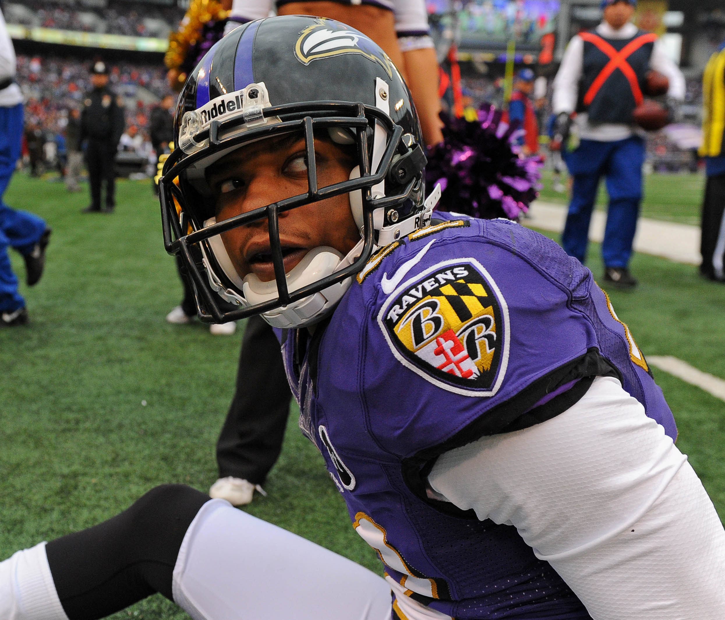 Baltimore Ravens cornerback Jimmy Smith (22) looks back to the video board after a giving up a touchdown pass to Denver Broncos wide receiver Eric Decker (not pictured) during the game at M&T Bank Stadium.