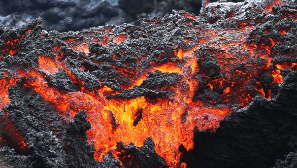 Lava flows at a lava fissure in the aftermath of eruptions