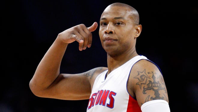 Detroit Pistons forward Caron Butler celebrates after making a three-point shot against the Miami Heat on April 4, 2015, at the Palace of Auburn Hills.
