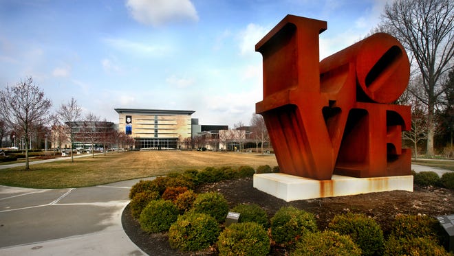 Robert Indiana's "LOVE" sculpture is seen outside the Indianapolis Museum of Art.