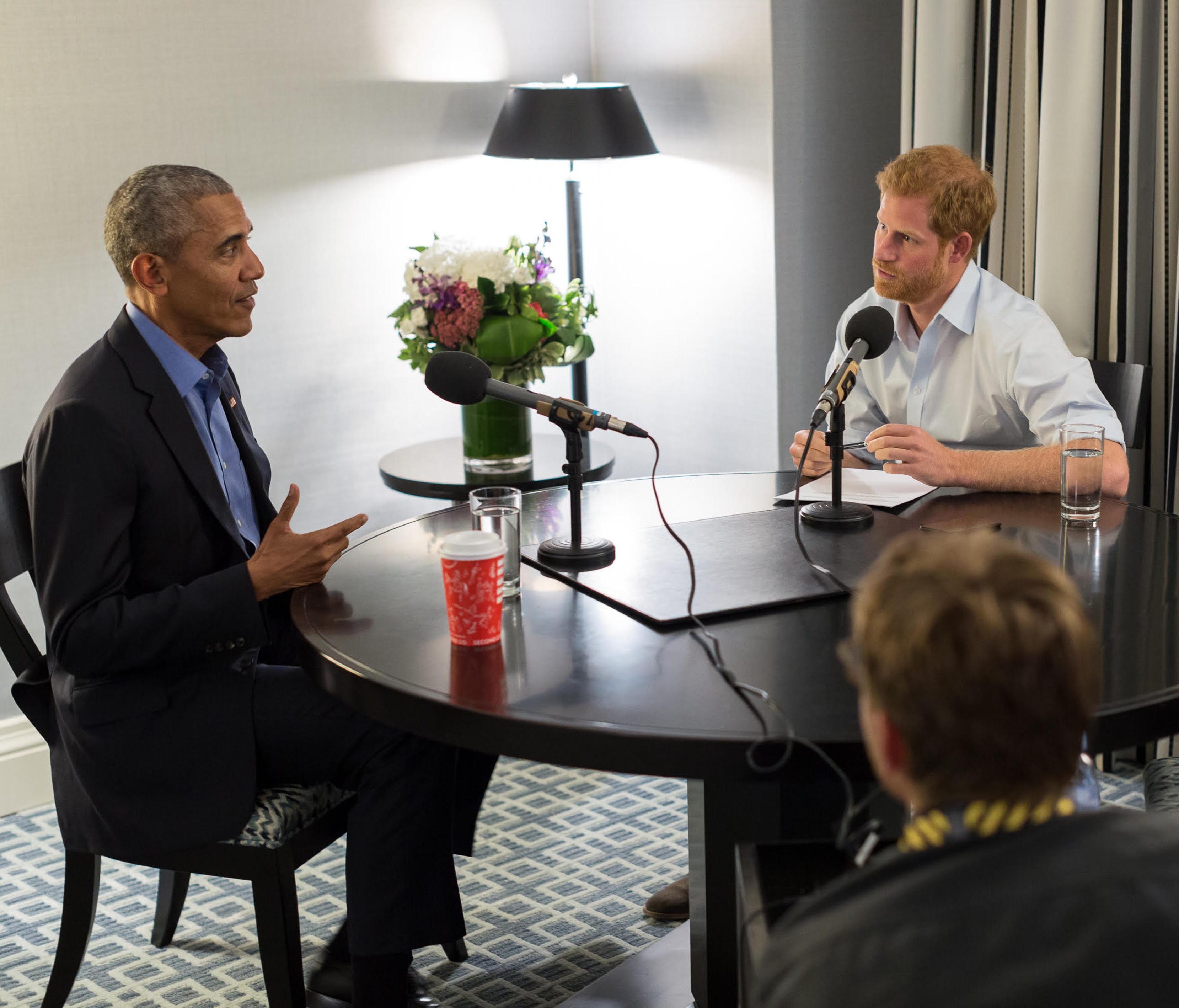 In this undated handout photo released by Kensington Palace, courtesy of the Obama Foundation, Prince Harry interviews former President Barack Obama as part of his guest editorship of BBC Radio 4's Today program.