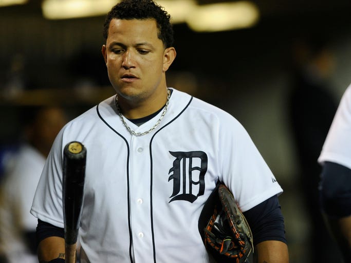 The Tigers' Miguel Cabrera leaves the dugout in the eighth inning.