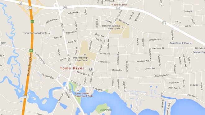 The gray pin marks the location of the Ocean County Jail in downtown Toms River.