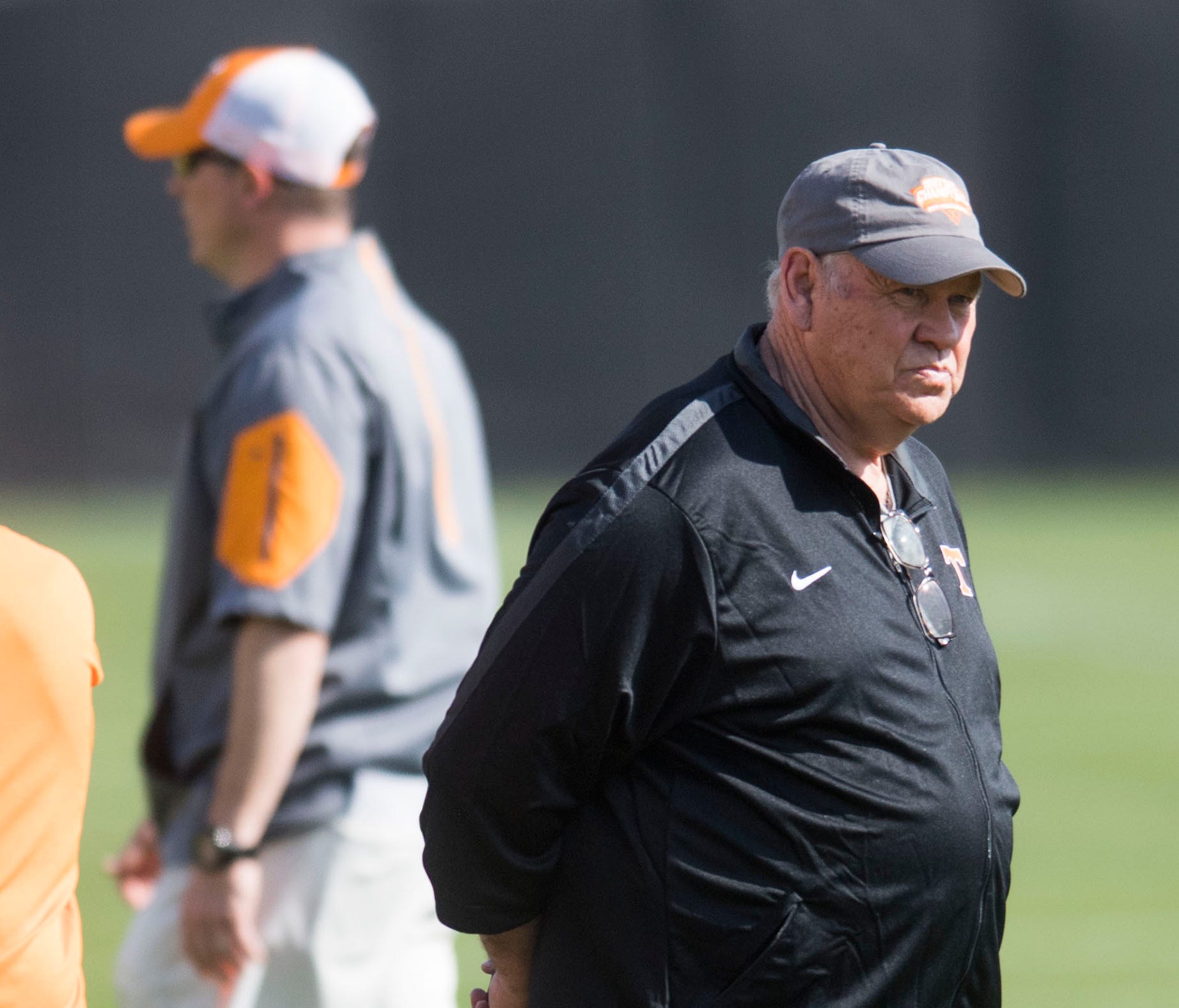 Tennessee athletic director Phillip Fulmer watches during a Vols football practice at University of Tennessee Tuesday, April 3, 2018.