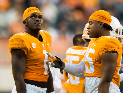 Tennessee defensive lineman Kivon Bennett (95) speaks