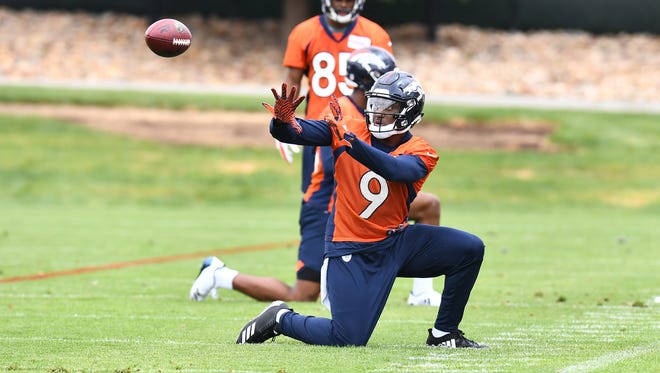 Denver Broncos wide receiver John Diarse (9) participates in drills during rookie minicamp at the UCHealth Training Center. Mandatory Credit: Ron Chenoy-USA TODAY Sports