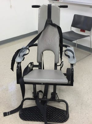 The therapeutic restraint chair used at the Roger D. Wilson Detention Facility on Maloneyville Road at issue in a federal civil-rights lawsuit. (JAMIE SATTERFIELD/NEWS SENTINEL)