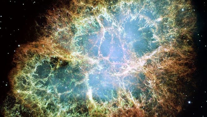 The Crab Nebula, M1, photographed by the Hubble Space Telescope.